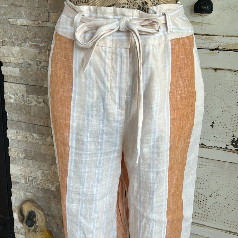 Ett:twa by Anthropologie orange stripe tie waist zip close 100% linen pants - Picture 6 of 16